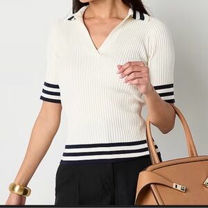 Worthington Cream Ribbed Short Sleeve Polo with Navy Stripes